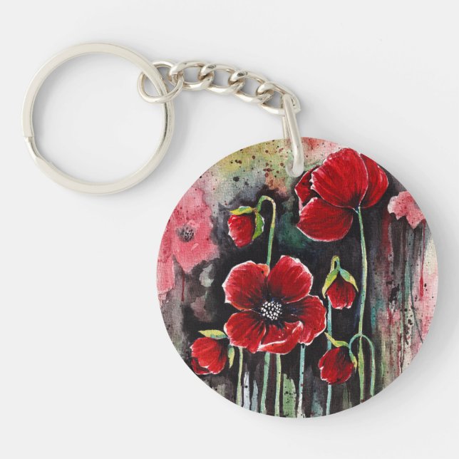 Poppy Flowers In Watercolor  Key Ring (Front)