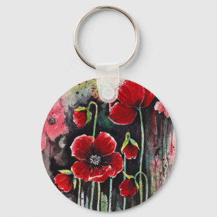 Poppy Flowers In Watercolor  Key Ring