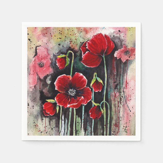 Poppy Flowers In Watercolor  Napkin (Front)