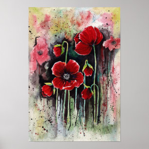 Poppy Flowers In Watercolor Poster