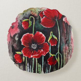 Poppy Flowers In Watercolor Round Cushion