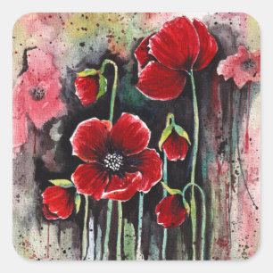Poppy Flowers In Watercolor Square Sticker