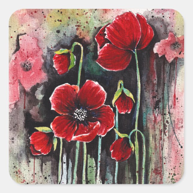 Poppy Flowers In Watercolor  Square Sticker (Front)