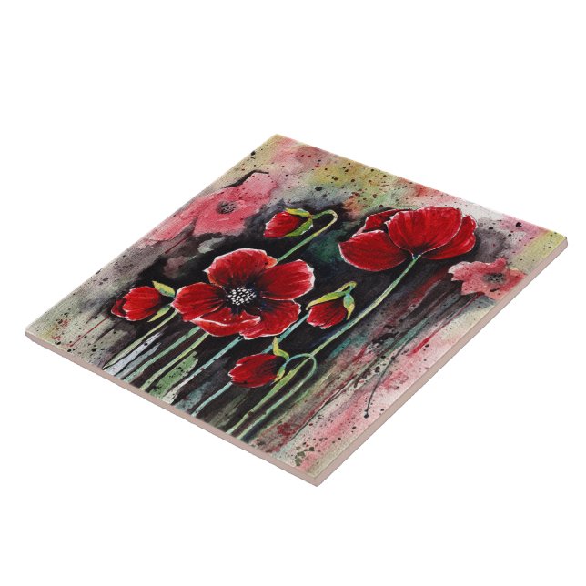 Poppy Flowers In Watercolor Tile (Side)