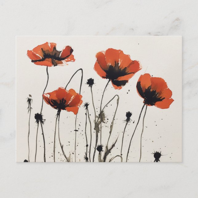 Poppy Flowers Ink Drawing Postcard (Front)