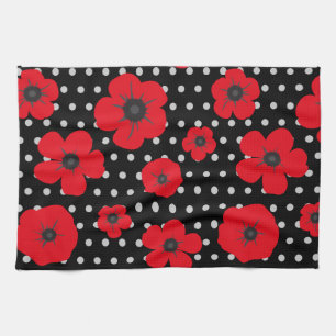 Poppy Flowers on Black and White Spots Tea Towel