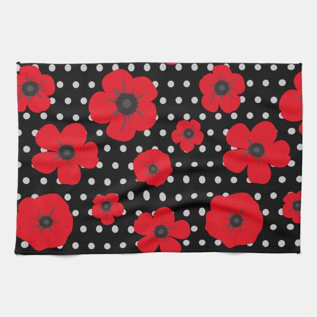 Poppy Flowers on Black and White Spots Tea Towel (Horizontal)