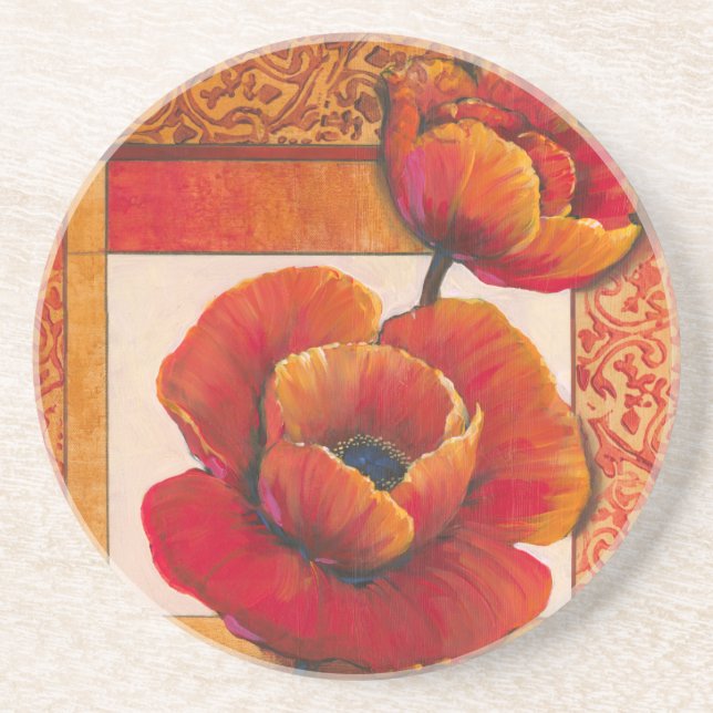 Poppy Flowers on Tan and Orange Background Coaster (Front)