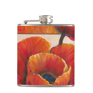 Poppy Flowers on Tan and Orange Background Hip Flask