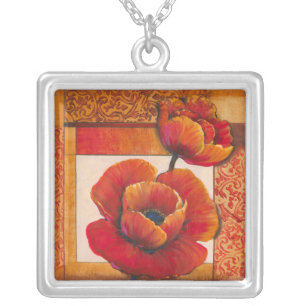 Poppy Flowers on Tan and Orange Background Silver Plated Necklace