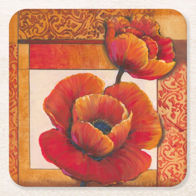 Poppy Flowers on Tan and Orange Background Square Paper Coaster (Front)