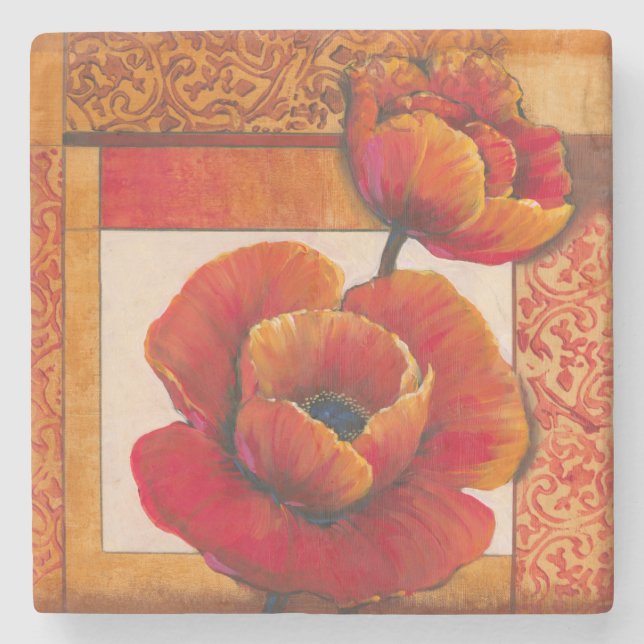 Poppy Flowers on Tan and Orange Background Stone Coaster (Front)