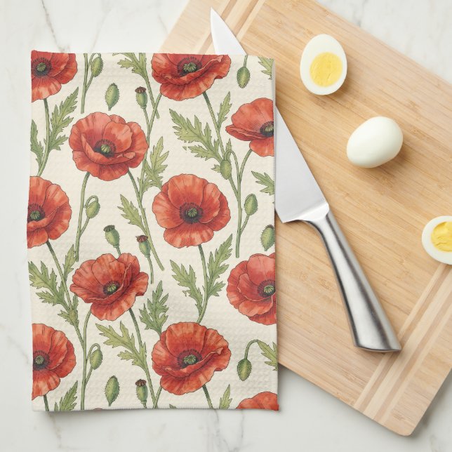Poppy flowers pattern tea towel (Quarter Fold)