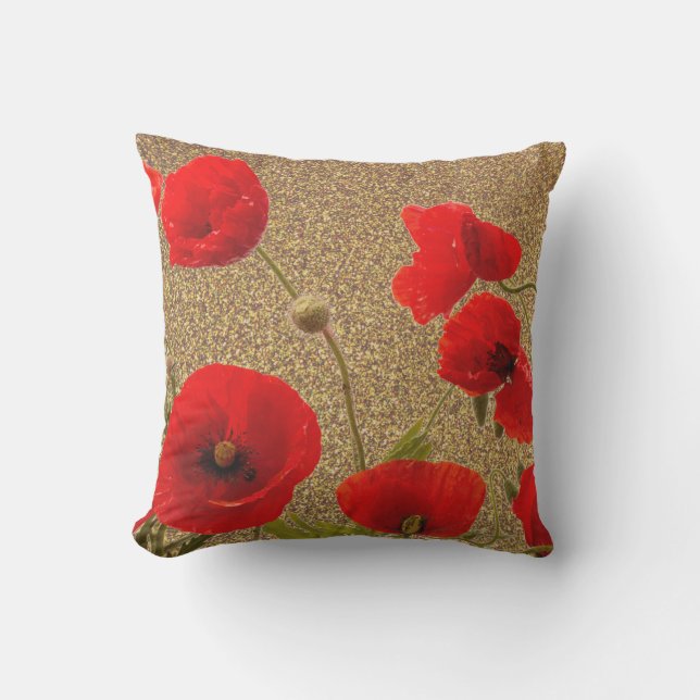 Poppy Flowers Red Gold Glitter Golden Rustic Cushion (Front)