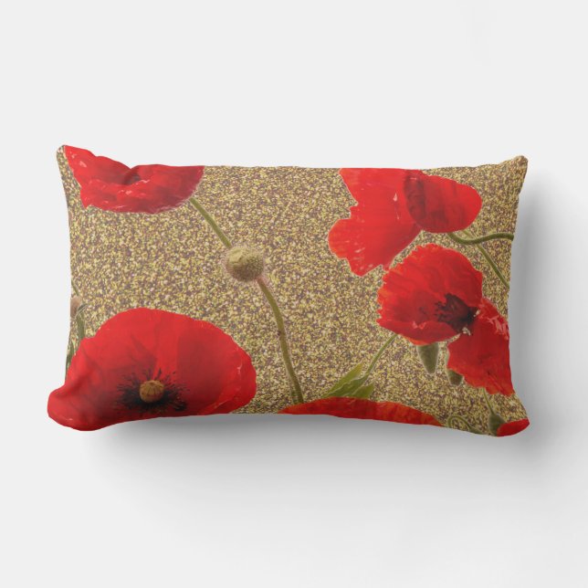 Poppy Flowers Red Gold Glitter Golden Rustic Lumbar Cushion (Front)