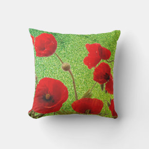 Poppy Flowers Red Green Glitter Artsy Abstract Cushion