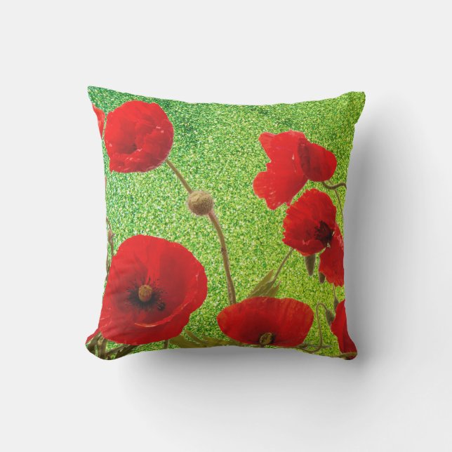 Poppy Flowers Red Green Glitter Artsy Abstract Cushion (Front)