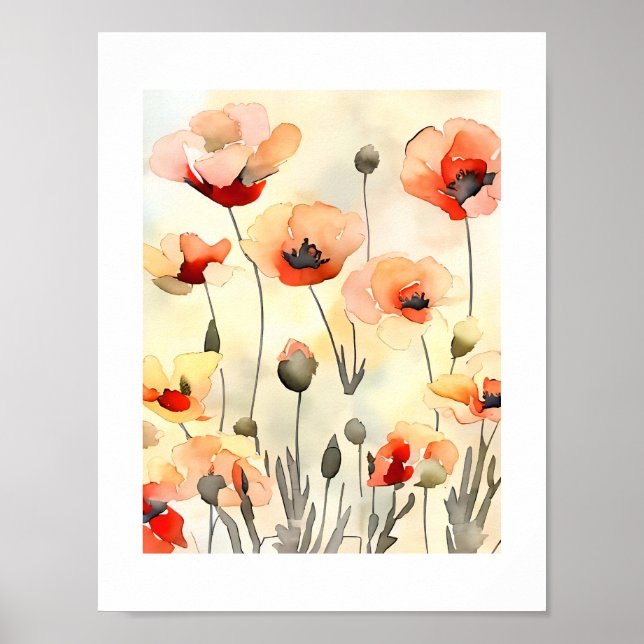 Poppy Flowers Watercolor minimalist painting Poster (Front)