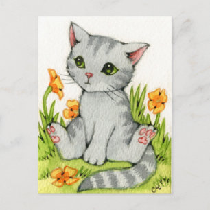 Poppy Garden - Cute Cat Art Postcard