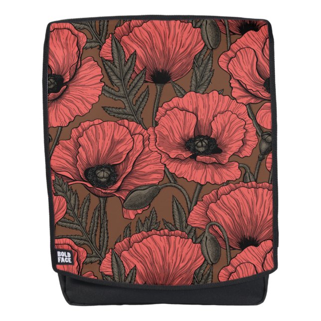 Poppy garden in coral and brown backpack (Front)