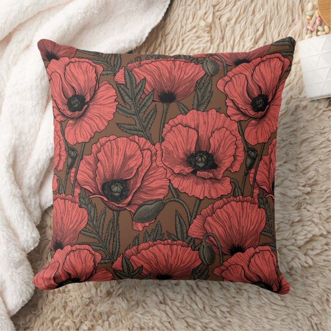Poppy garden in coral and brown cushion (Blanket)