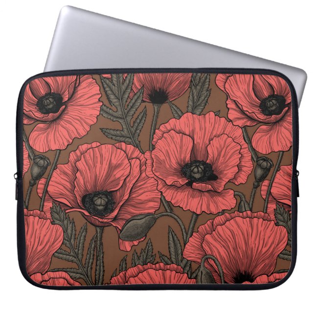 Poppy garden in coral and brown laptop sleeve (Front)