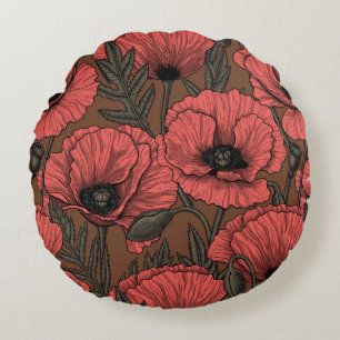 Poppy garden in coral and brown round cushion