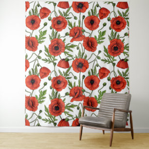 Poppy garden in coral and brown tapestry
