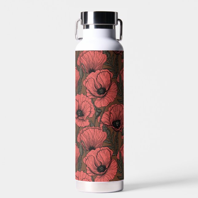 Poppy garden in coral and brown water bottle (Front)