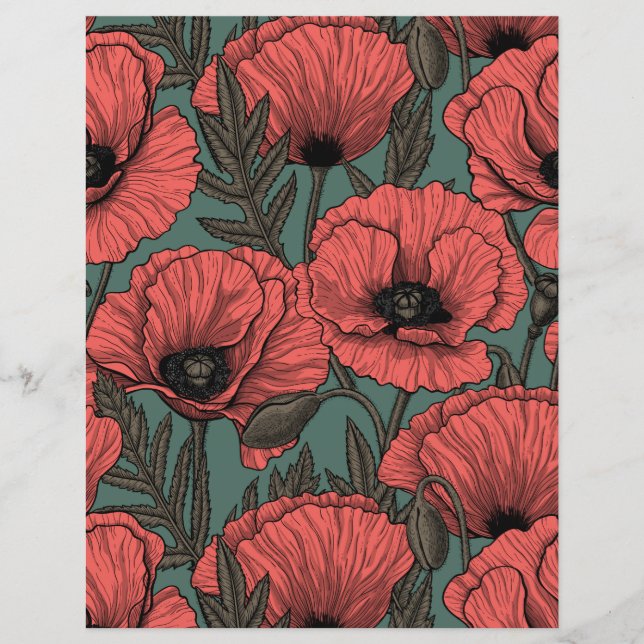 Poppy garden in coral, brown and pine green (Front)