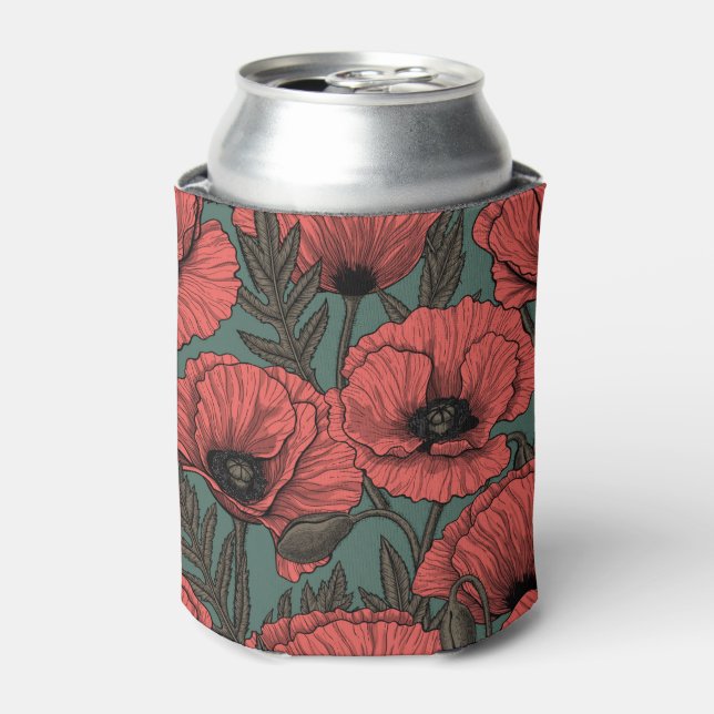 Poppy garden in coral, brown and pine green can cooler (Can Front)