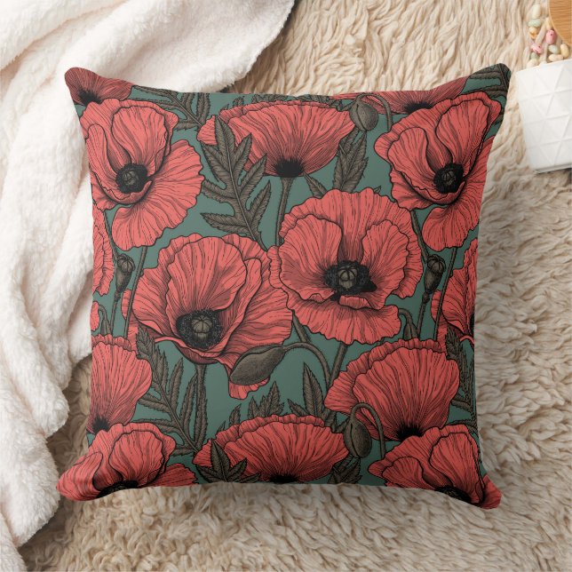 Poppy garden in coral, brown and pine green cushion (Blanket)