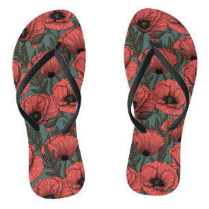 Poppy garden in coral, brown and pine green flip flops