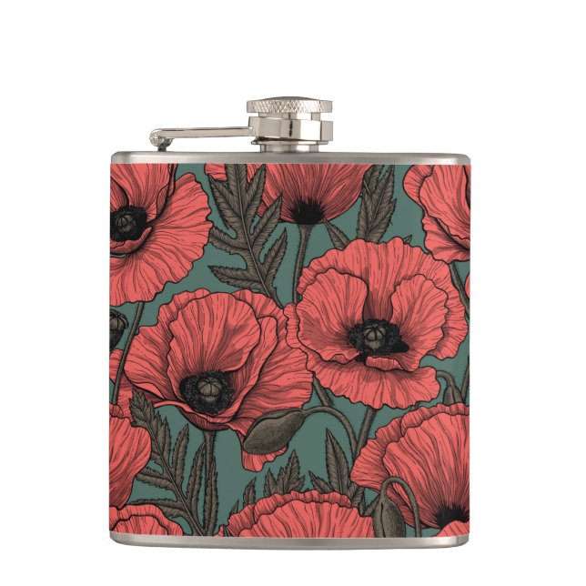 Poppy garden in coral, brown and pine green hip flask (Front)