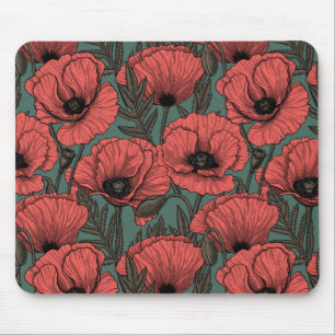 Poppy garden in coral, brown and pine green mouse mat