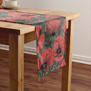 Poppy garden in coral, brown and pine green short table runner
