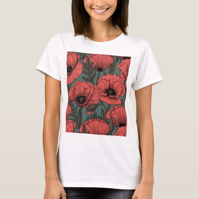 Poppy garden in coral, brown and pine green T-Shirt (Front)