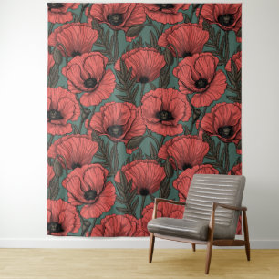 Poppy garden in coral, brown and pine green tapestry