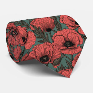 Poppy garden in coral, brown and pine green tie