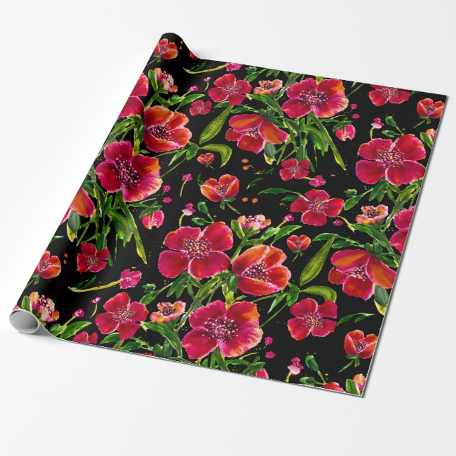 Poppy Garden on Black Wrapping Paper (Unrolled)
