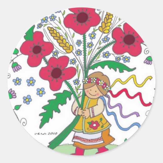 Poppy Girl Ukrainian Folk Art Classic Round Sticker (Front)