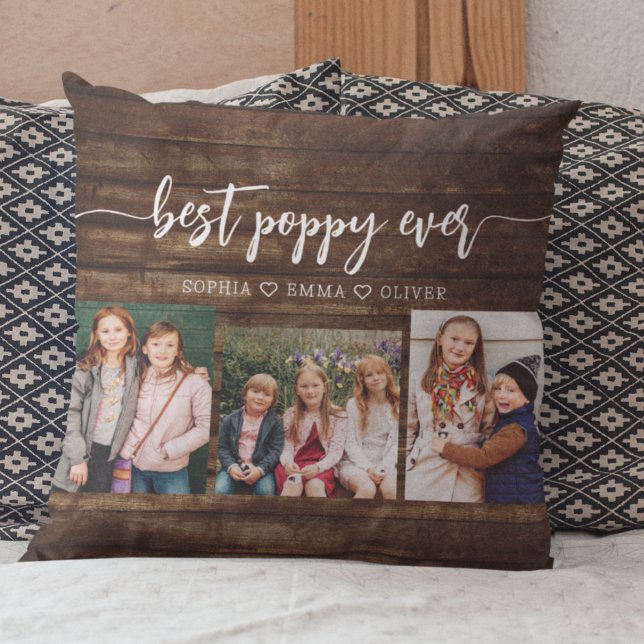 Poppy Grandfather Grandchildren Wood Photo Collage Cushion (Creator Uploaded)