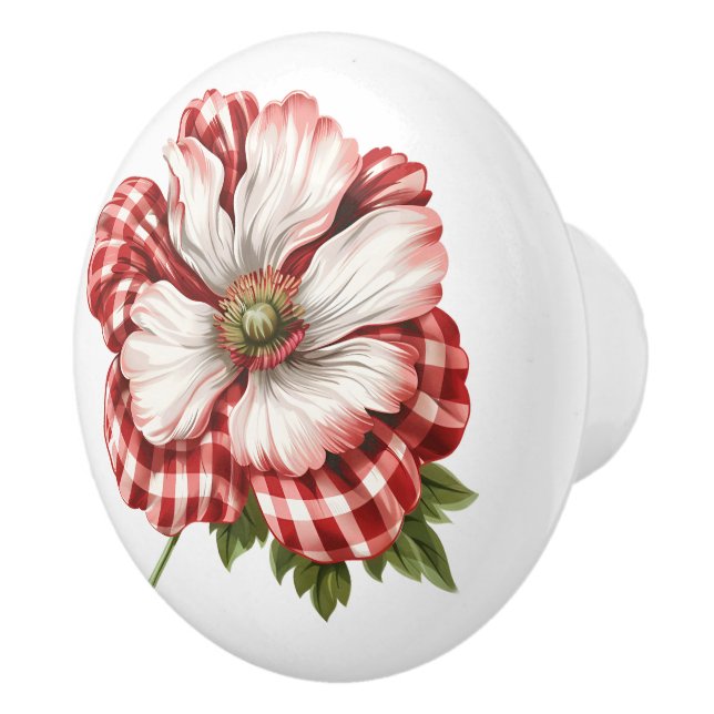 Poppy In Red White Gingham Ceramic Knob (Right)