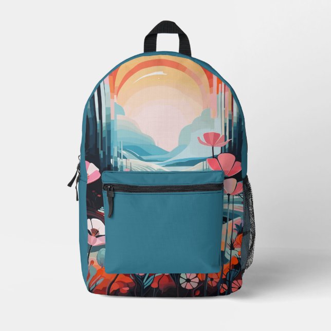 Poppy landscape sunrise blue custom name printed backpack (Front)