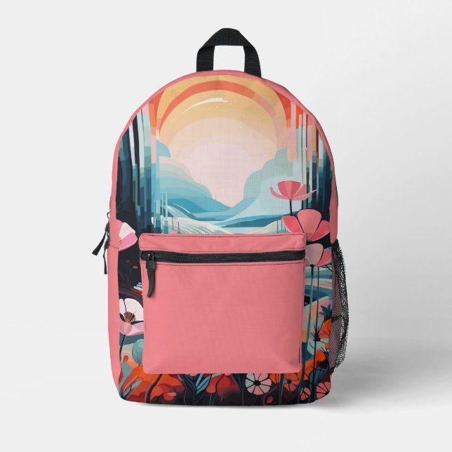 Poppy landscape sunrise custom name printed backpack (Front)