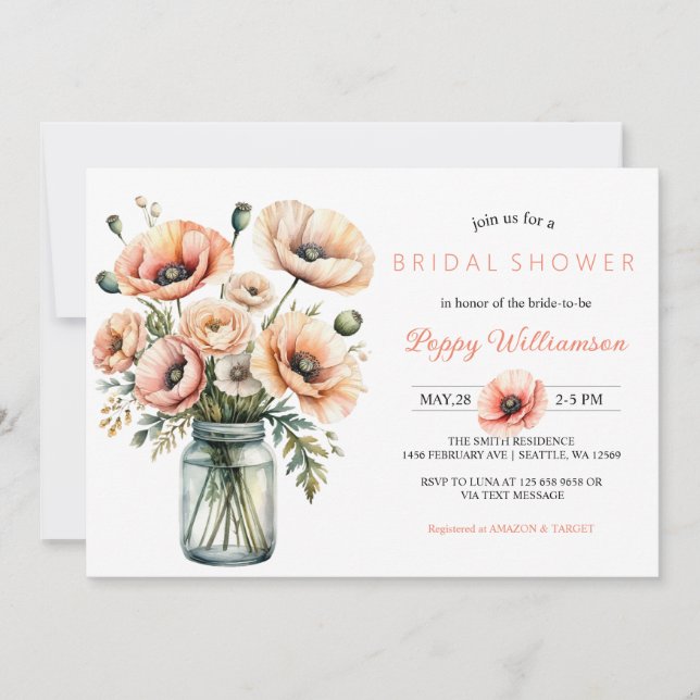 POPPY Mason Jar Bridal Shower Invitation  (Front)