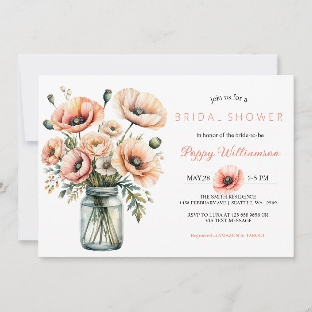 POPPY Mason Jar Bridal Shower Invitation  (Front)
