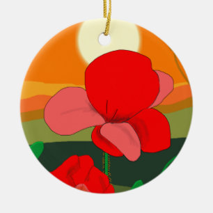 Poppy meadow at sunset ceramic tree decoration