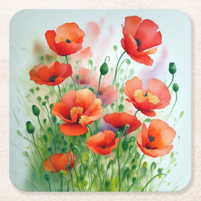 poppy meadow square paper coaster (Front)