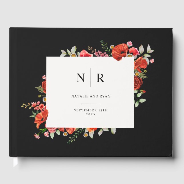 Poppy Monogram Dark Wedding Guest Book (Front)